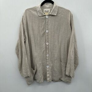 FLAX M 100% LINEN grey gingham pearl button lagenlook boho oversized jacket